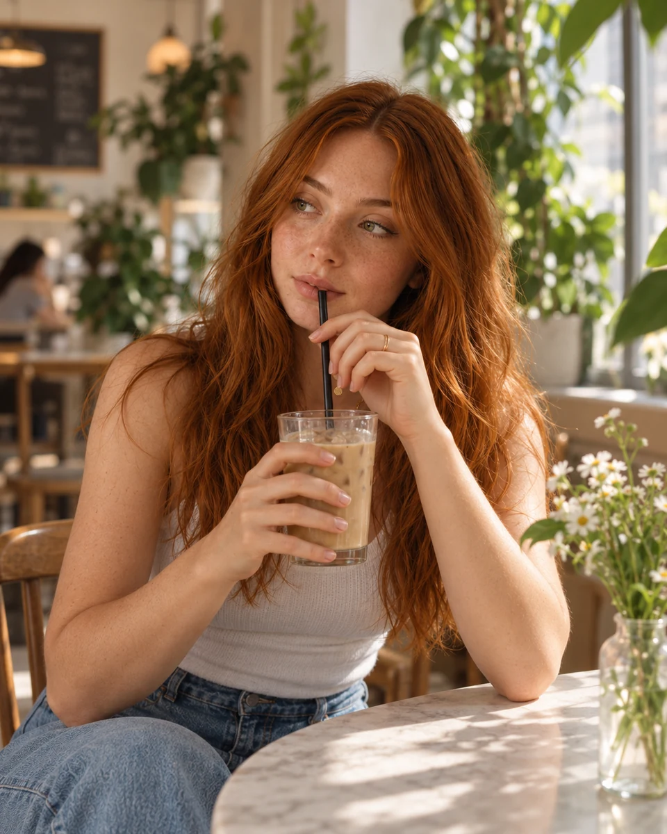 Essie sitting in a café holding an iced drink