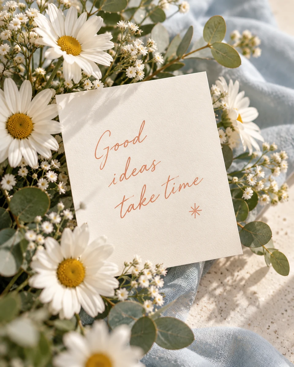 A Good ideas take time card surrounded by daisies
