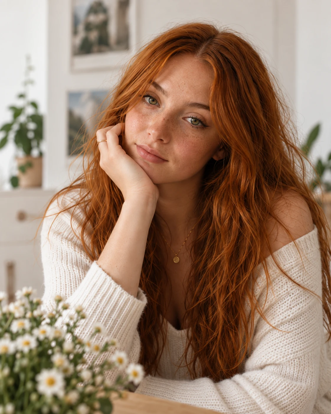 Essie, a red-haired web designer, sitting beside fresh flowers in her sunlit studio.