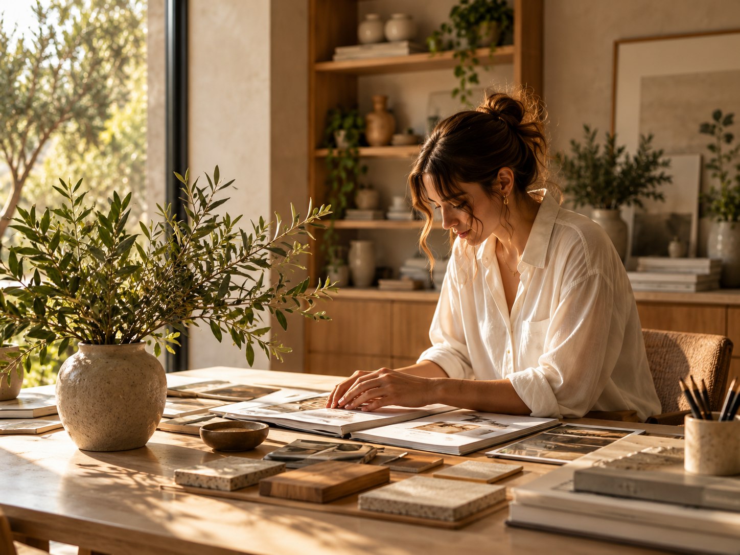 Architect working with materials and editorial references for Mora Studio.