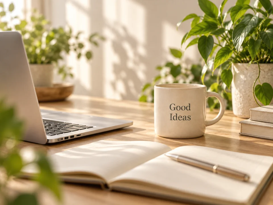 A sunlit workspace with a laptop, plants and a Good Ideas mug