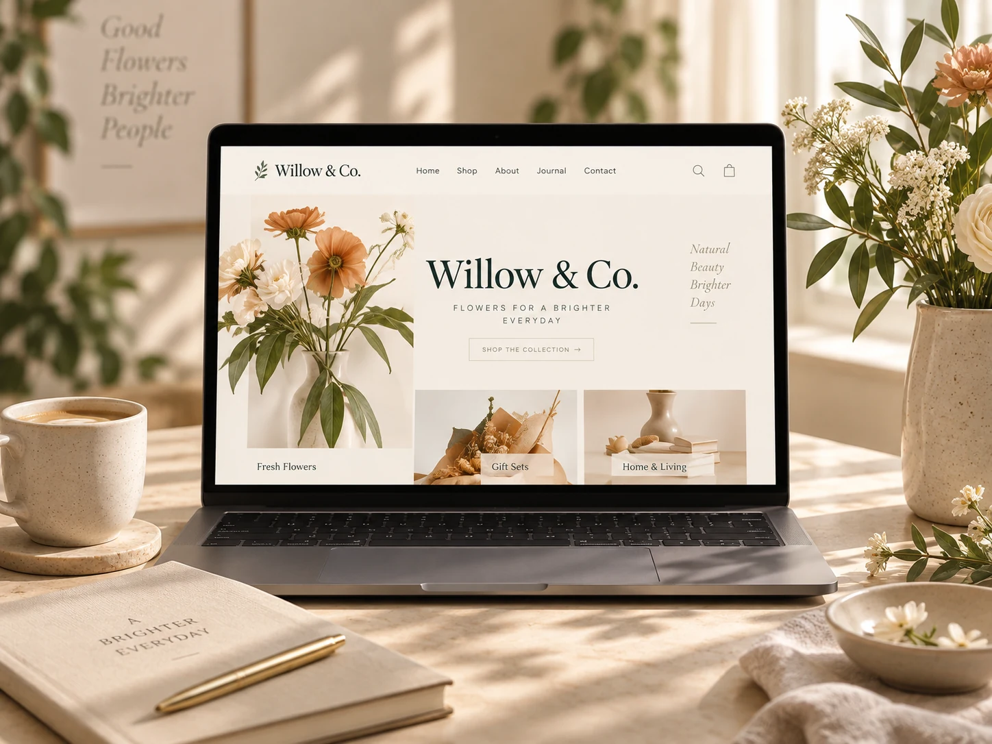 A botanical website displayed on a laptop in a warm, sunlit creative studio.