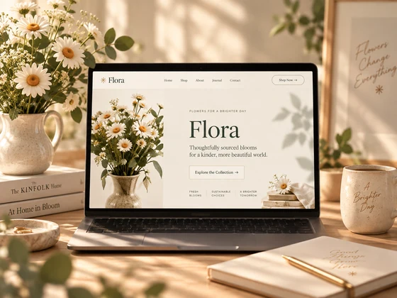 Flora flower shop website displayed on a laptop surrounded by daisies.