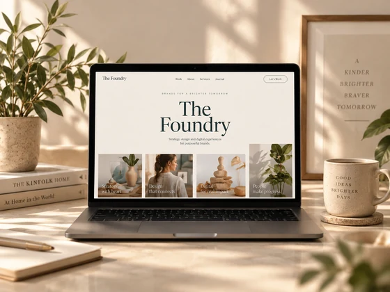 The Foundry brand website displayed on a laptop in a sunlit studio.