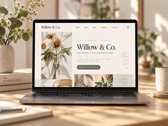 Willow and Co. botanical website displayed on a laptop among flowers.